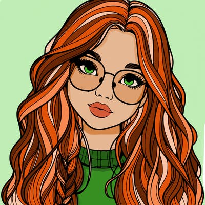 girl with long hair and freckles and glasses realistic