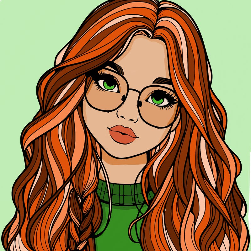 girl with long hair and freckles and glasses realistic