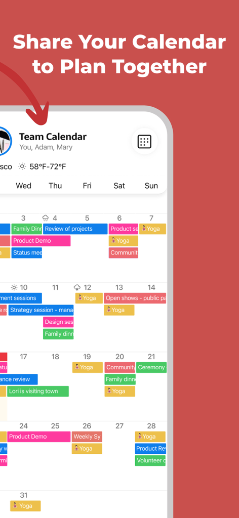 GroupCal Mobile App-Oberfläche mit einem gemeinsamen Teamkalender mit farbcodierten Ereignissen