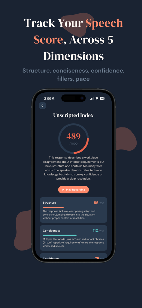Unscripted: Articulation Coach - Unscriptedアプリのインターフェース。Unscripted Indexスコアと5つの次元にわたるスピーチパフォーマンス分析が表示されています。