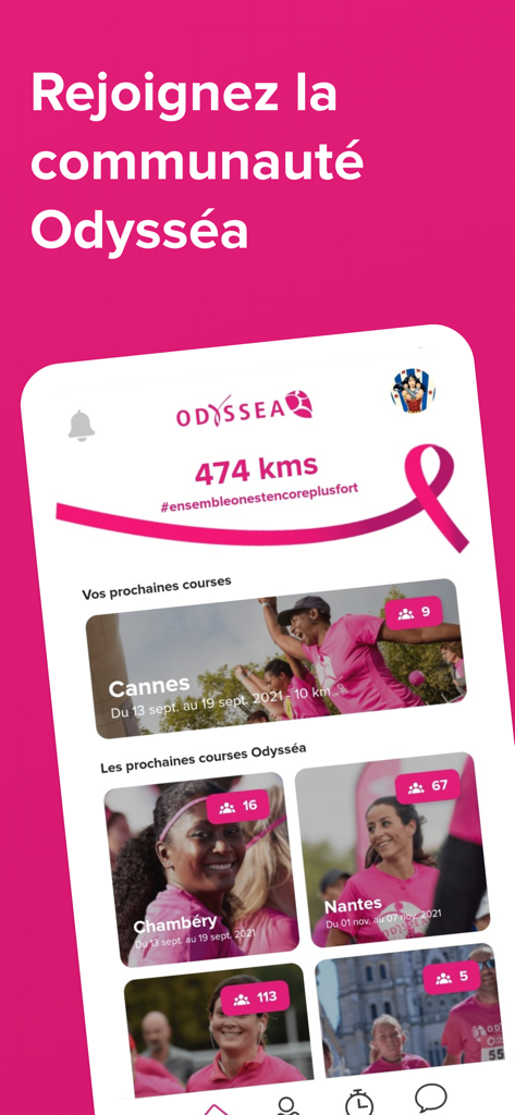 Odysséa - Odyssea app interface displaying upcoming charity runs and walks for breast cancer awareness