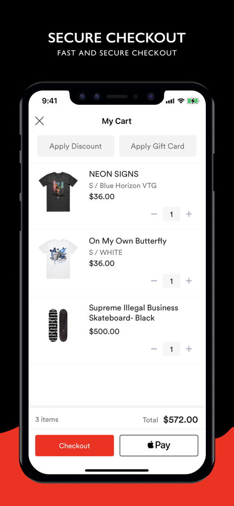Streetwear Official - Streetwear Official app shopping cart and secure checkout screen showing a variety of independent brand items.
