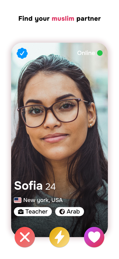 Muslimeet app interface showing a verified profile of a young Muslim woman from New York