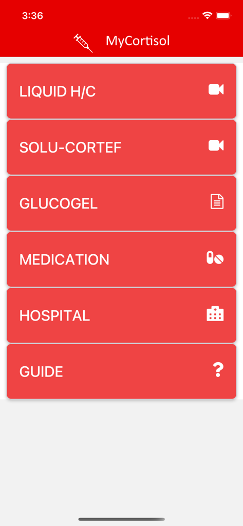 My Cortisol - Main menu of the My Cortisol app showing emergency medical guides and medication information