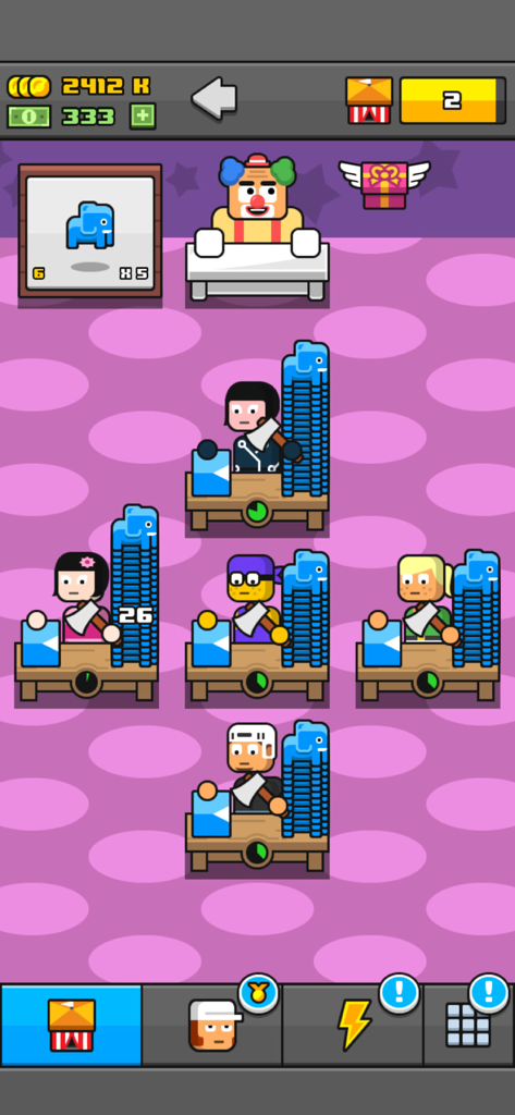 A group of workers in a purple factory assembling blue elephant toys under the supervision of a clown boss.