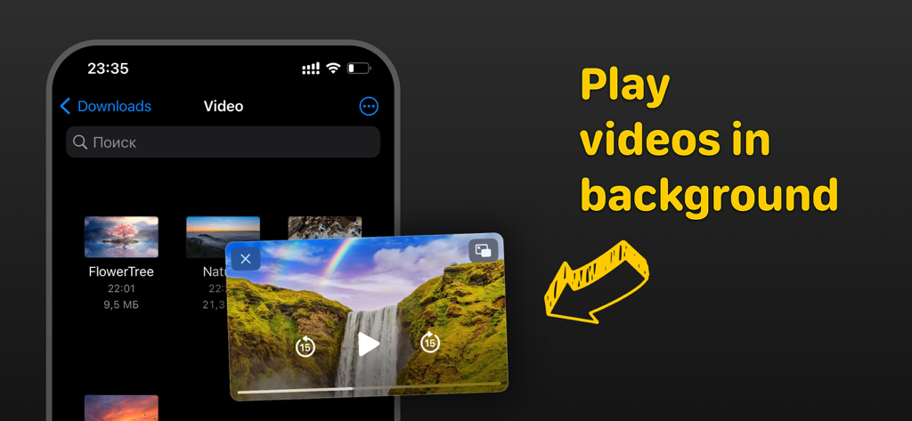 Pip - Video Player - Pip Video Player app showing a floating picture-in-picture window for background video playback