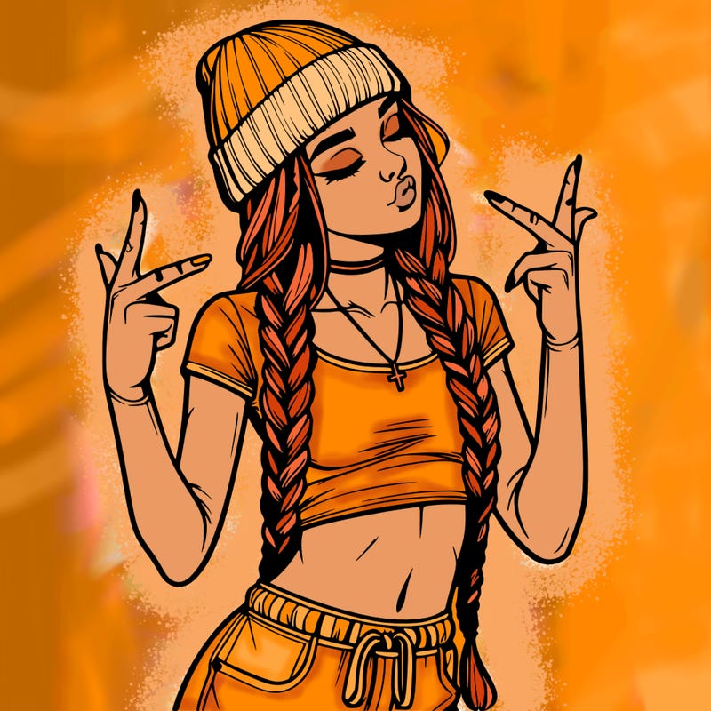 realistic teenage girl with braids and a beanie and crop top doing 🫶🏼
