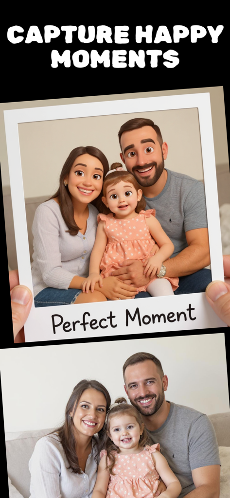 Wonderland: Cartoon Yourself - Una comparación del antes y después de un retrato familiar transformado en personajes de dibujos animados usando la aplicación Wonderland.