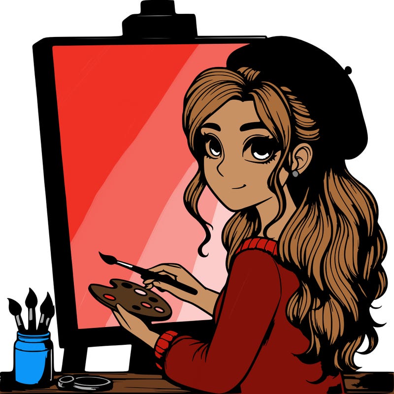 realistic girl artist painting a blank canvas