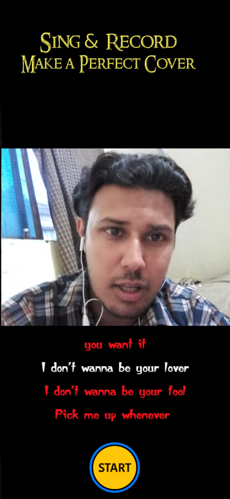 Interface of the Karaoke Music app showing a user recording a vocal performance with scrolling lyrics and a start button.