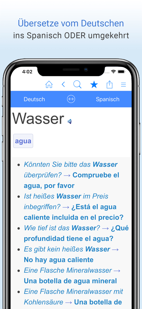 Screenshot der Deutsch-Spanisch Wörterbuch App, die die Übersetzung von Wasser zu agua mit Beispielsätzen zeigt
