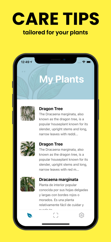 PlantScan - Detect & Diagnose - Interface do aplicativo móvel PlantScan mostrando uma lista de plantas salvas e dicas de cuidados personalizadas