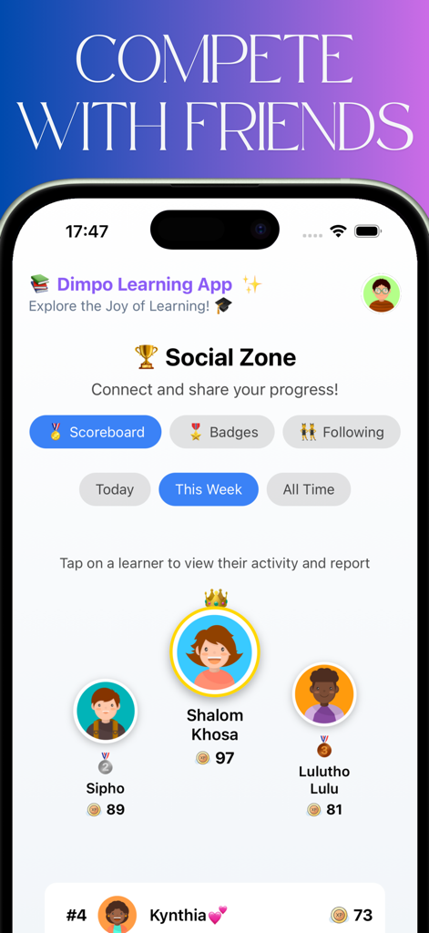 Sozialer Ranglisten-Bildschirm in der Dimpo Lern-App, der die Ranglisten und Fortschritte der Schüler zeigt