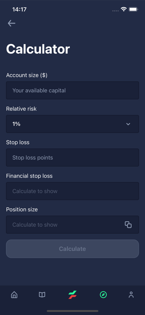 Pantalla de calculadora de posiciones y riesgos de trading de forex en la aplicación Take Tips