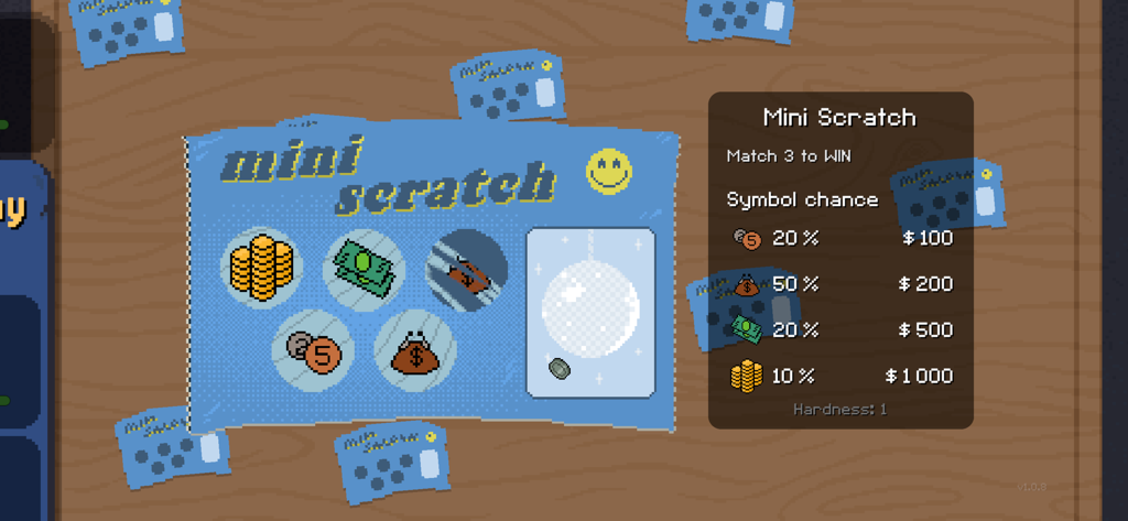 A pixel art mini scratch card game interface showing symbols and winning odds