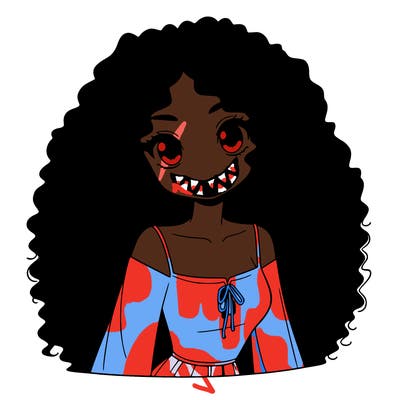 a black anime girl with long afro hair