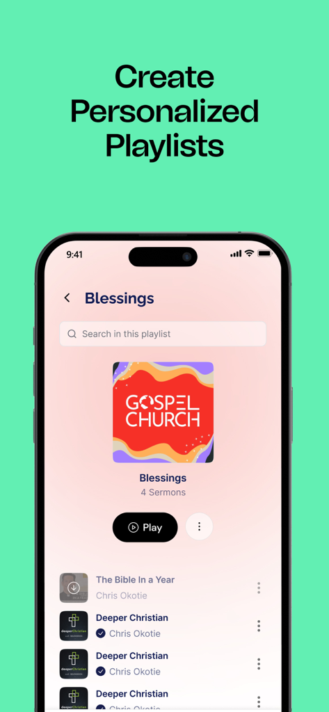 Interfaz de la aplicación móvil Getsermons mostrando una lista de reproducción de sermones personalizada