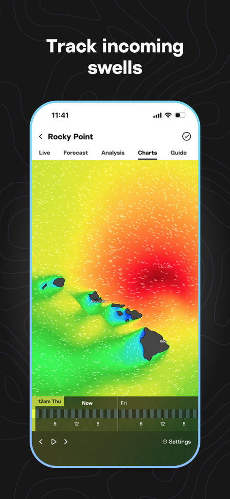 Surfline: Wave & Surf Reports - A swell forecast chart in the Surfline app displaying a colorful heat map of wave intensity around the Hawaiian islands.