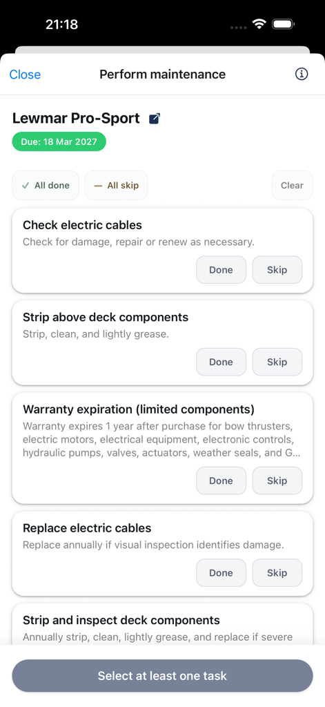 Boat Maintenance Planner - A list of boat maintenance tasks for marine equipment with options to mark as done or skip
