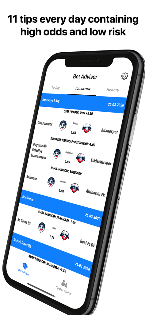 Écran de smartphone affichant les prédictions quotidiennes de paris sur le football et les cotes dans l'application Bet Advisor.