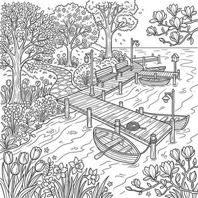 Embrace the beauty of spring with this delightful coloring page featuring tranquil river docks. Discover blooming flowers, gentle boats, and a picturesque waterside setting, perfect for a relaxing creative escape.