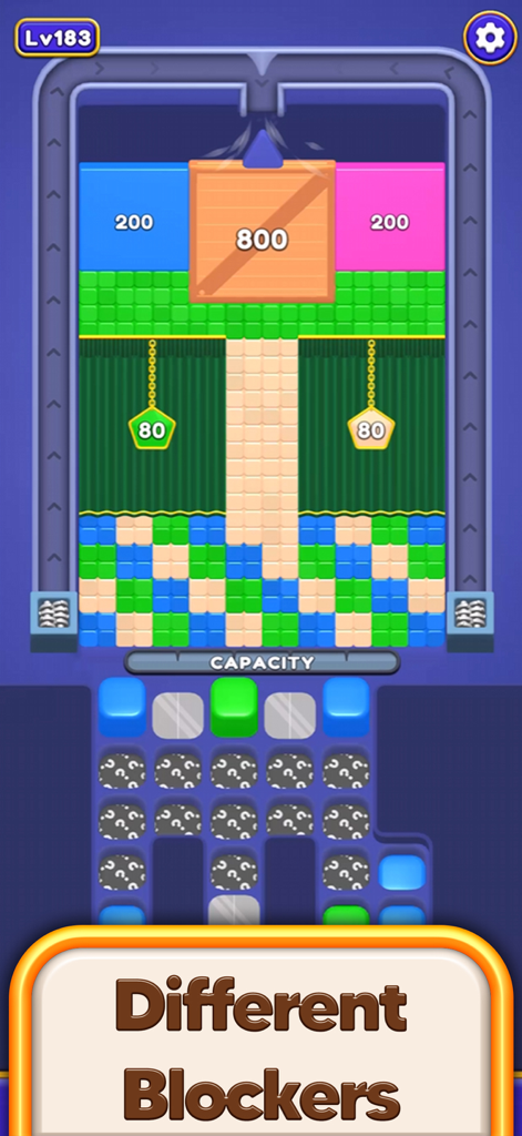 Bounce Blast 3D - Gameplay of Bounce Blast 3D showing different puzzle blockers and blocks on level 183