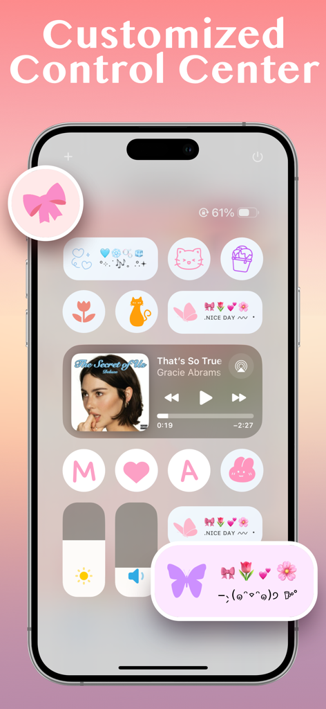 Cool Maker: Wallpaper & Font - Aesthetic customized iPhone control center with pink bow and butterfly decorations.