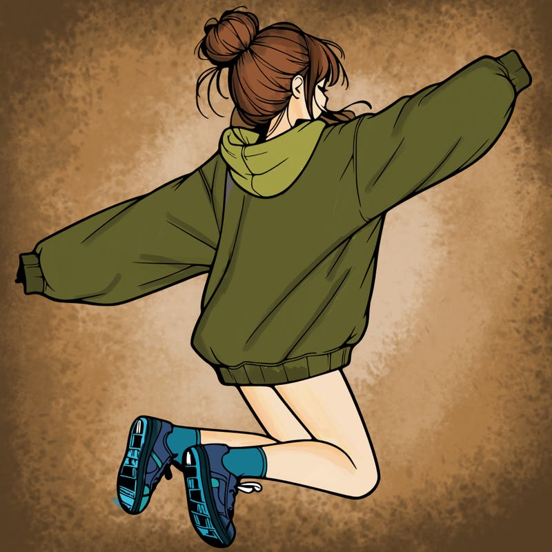 realistic girl jumping with a bun and oversized sweatshirt