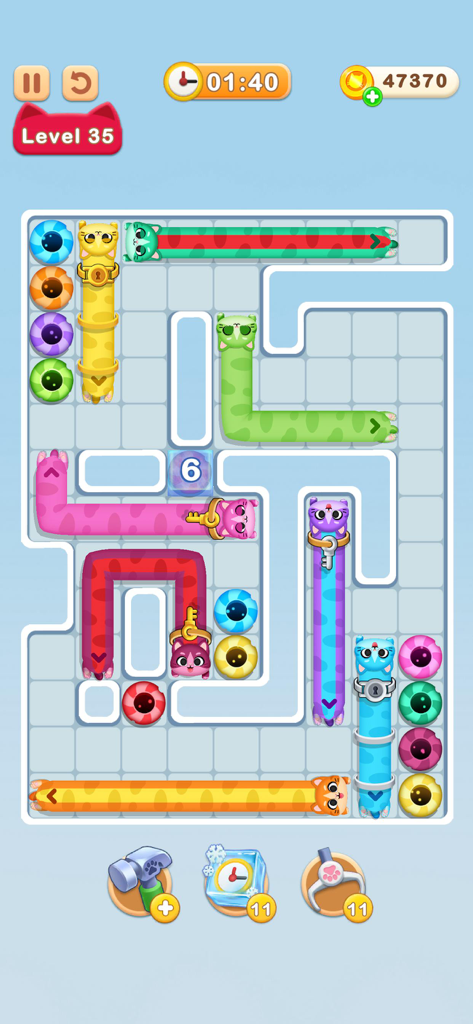 Cat me out - A mobile puzzle game screen showing colorful elongated cats in a grid-based maze.