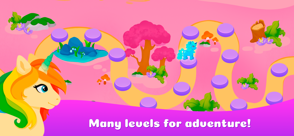 Unicorn Run Kids Games 0+ - A colorful map with many levels for adventure and a cute unicorn in the Unicorn Run app