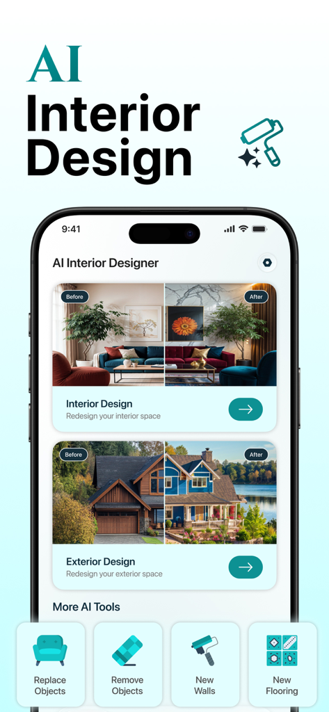 AI Home & Room Interior Design - Mobile App-Oberfläche für KI-Innen- und Außendesign mit Vorher-Nachher-Bildvergleichen