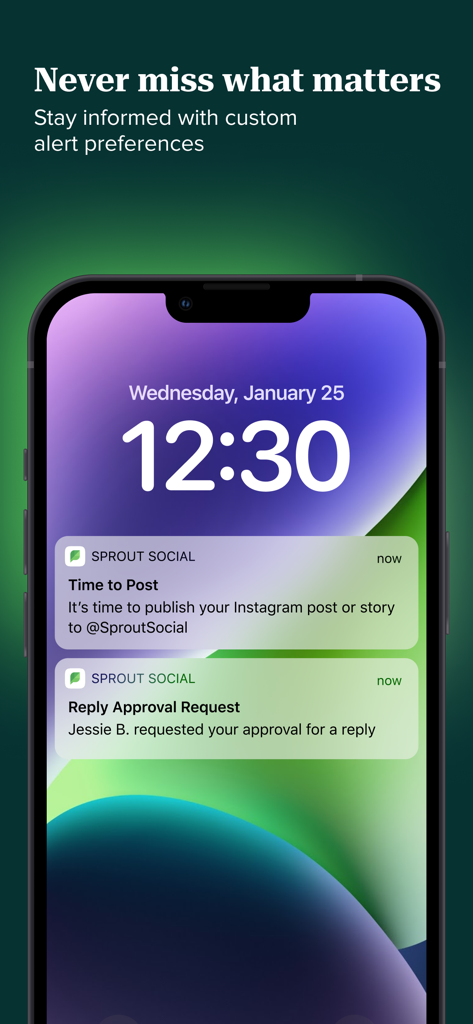 Sprout Social - Sprout Social mobile app push notifications for post scheduling and reply approvals on a phone lock screen