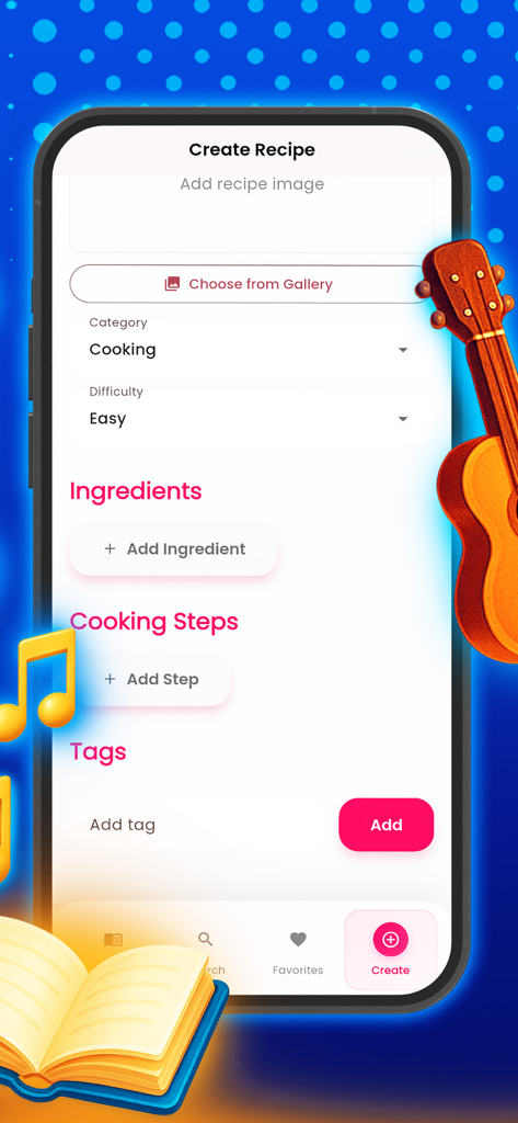 A smartphone screen showing the Recipy Maker app's recipe creation interface with fields for category, difficulty, ingredients, and steps.