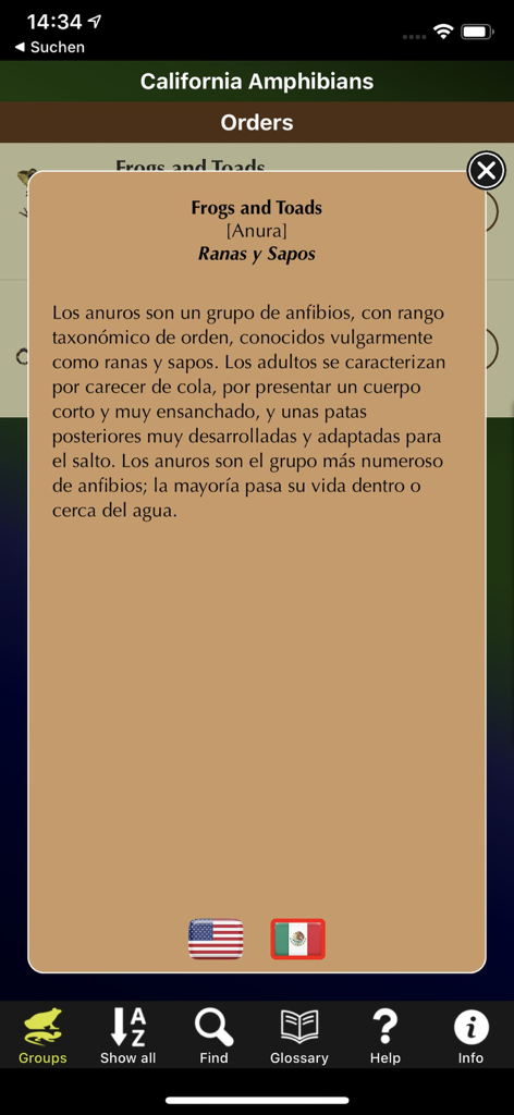 California Amphibians - California Amphibians app interface showing information about frogs and toads in Spanish with language options