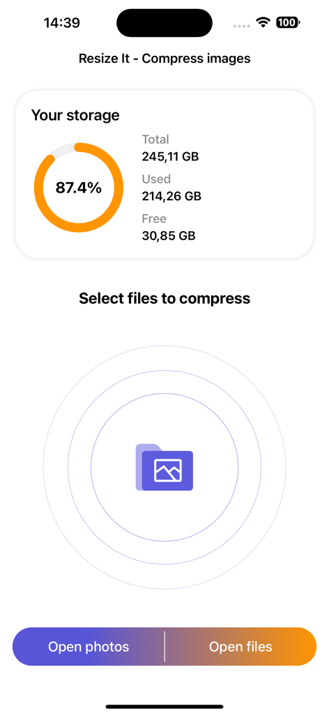 Resize it - compress any image - L'interfaccia dell'app Resize It mostra un grafico sull'utilizzo dello spazio di archiviazione e le opzioni per selezionare foto o file per la compressione.