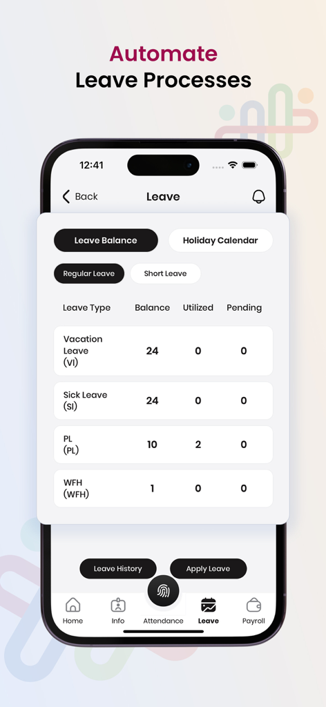 HR HUB mobile app leave balance and management interface