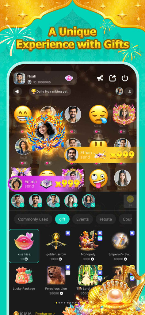 Waky Pro - Sala de fiesta en vivo de Waky Pro mostrando regalos virtuales e interacciones de usuarios.