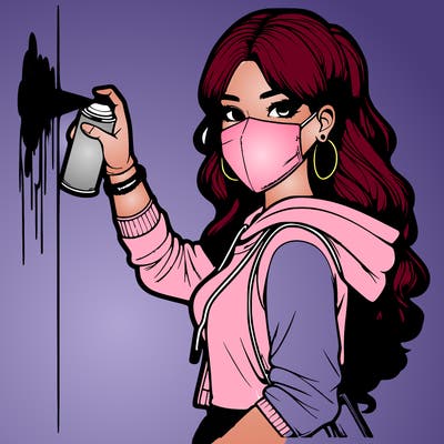 realistic girl with mask spray painting a wall