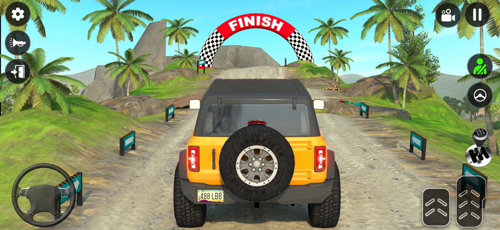 4x4 Offroad Jeep Driving Sim - Un SUV Jeep 4x4 amarillo acercándose a un arco de meta en una pista todoterreno de tierra tropical con controles de juego móvil.
