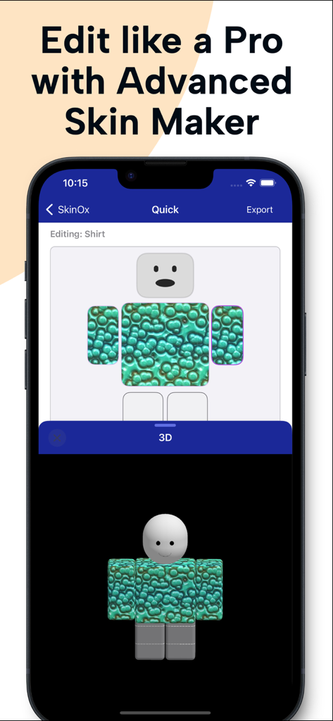 SkinOx - Create and Edit Skins - SkinOx advanced skin maker interface showing character shirt editing and 3D preview