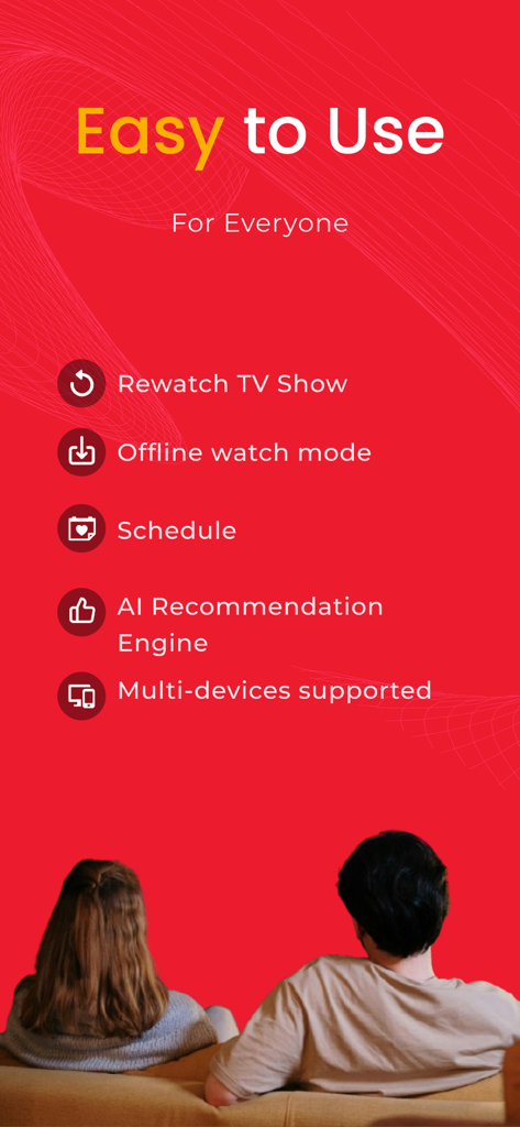 TV360 by Mytel - Screenshot of TV360 app listing features like offline watch mode AI recommendations and multi device support