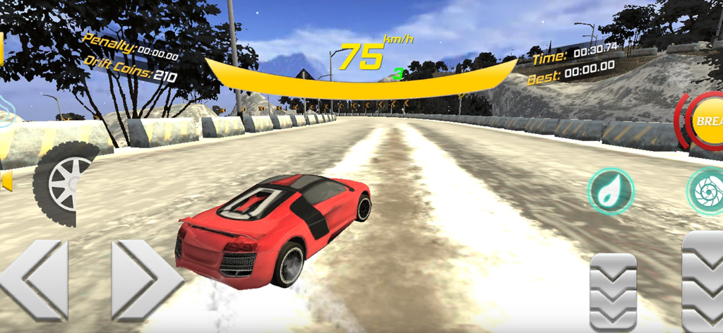 Real Drift Racer : Car Game - Carro esportivo vermelho realizando um drift em uma pista de montanha nevada no Real Drift Racer