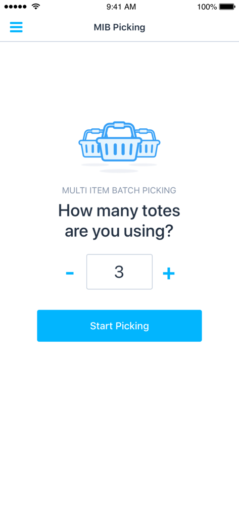 ShipHero Mobile - ShipHero Mobile app setup screen for multi item batch picking asking for the number of totes used