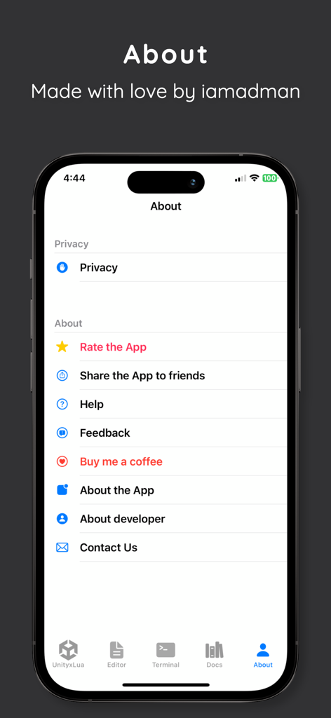 A screenshot of the About page in the U Game Engine plus xLua app showing developer info and support options