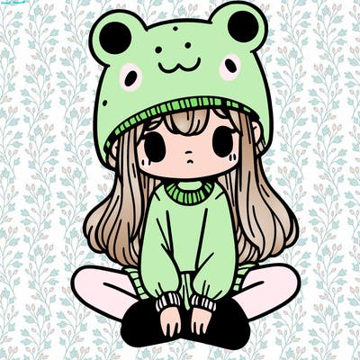 a girl wearing a frog hat and some frog socks