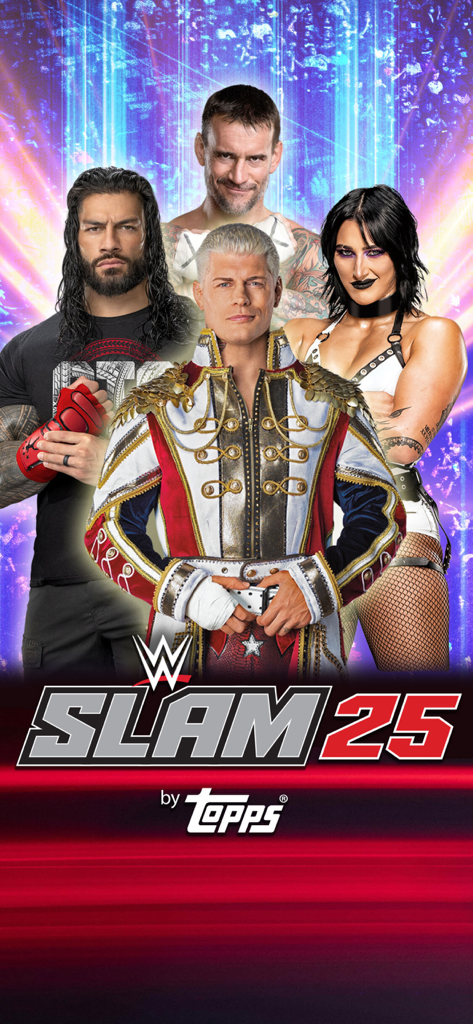 Promotional image for WWE SLAM 25 by Topps featuring superstars Cody Rhodes, Roman Reigns, Rhea Ripley, and CM Punk.