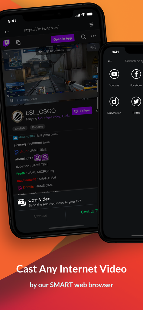 All Screen Mirror Miracast TV - An iPhone displaying the app interface for casting internet videos and Twitch streams from a web browser to a TV.