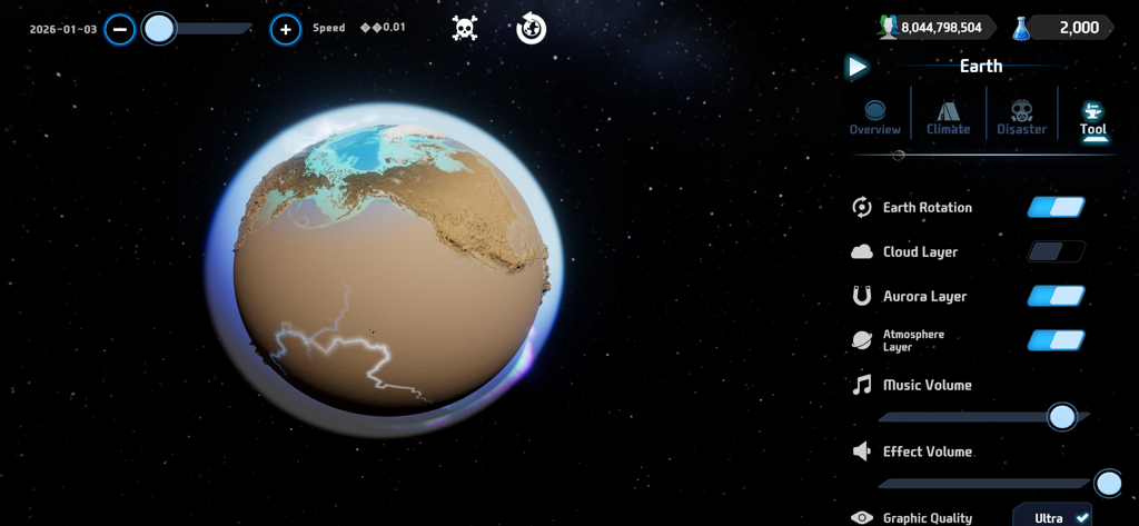 Earth Sandbox - Interface of Earth Sandbox showing a 3D planet and a menu for adjusting atmospheric layers.