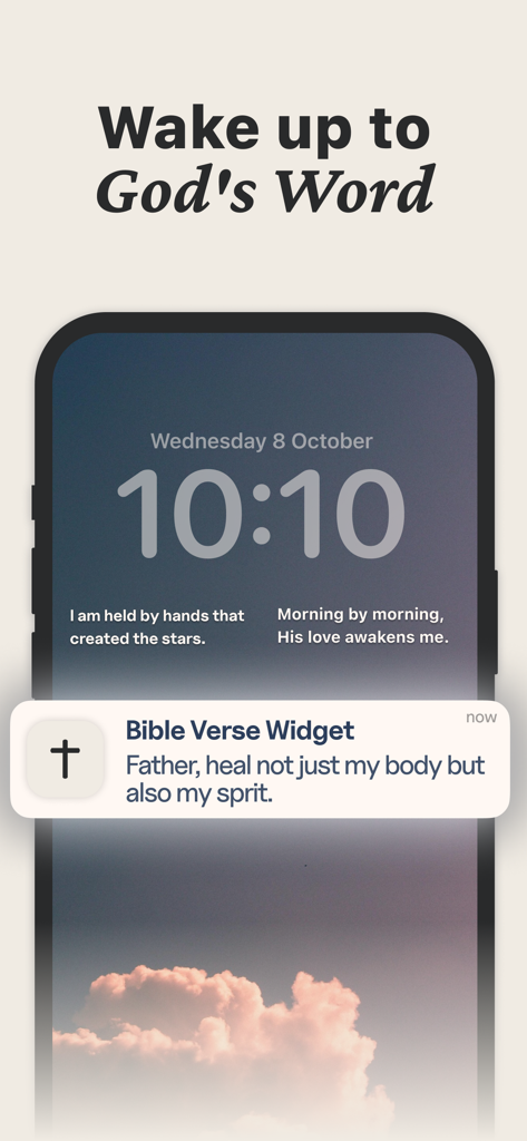 Bible Verse Widget & Prayer - Tela de bloqueio do iPhone exibindo widgets de escritura e uma notificação de oração sobre um fundo estético de nuvens