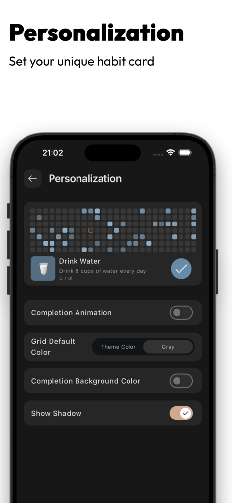 HabitDone app personalization screen showing customizable habit card settings and a progress heat map for drinking water
